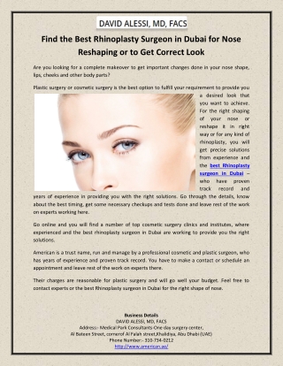 Find the Best Rhinoplasty Surgeon in Dubai for Nose Reshaping or to Get Correct Look