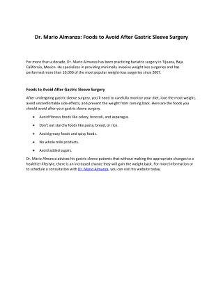 Dr. Mario Almanza: Foods to Avoid After Gastric Sleeve Surgery