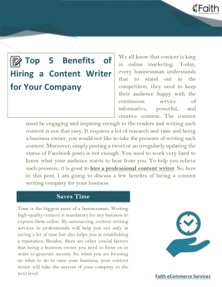 Top 5 Benefits Of Hiring A Content Writer For Your Company