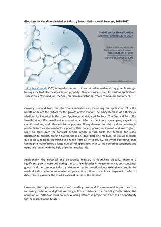 Global sulfur Hexafluoride Market Industry Trends,Estimation & Forecast, 2019-2027