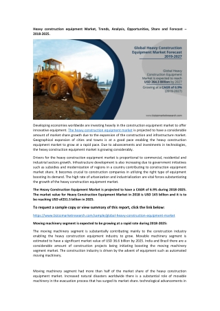 Heavy construction equipment Market, Trends, Analysis, Opportunities, Share and Forecast – 2018-2025.