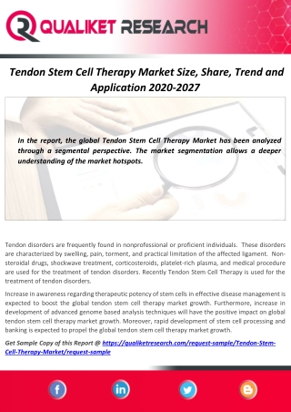 High Demand of Tendon Stem Cell Therapy Market 2020-2027