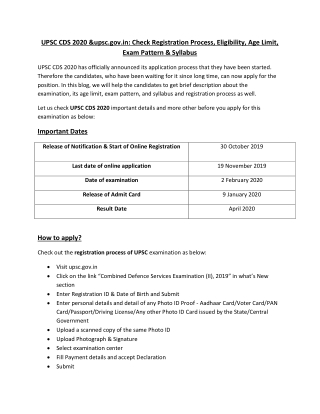 UPSC CDS 2020 &upsc.gov.in: Check Registration Process, Eligibility, Age Limit, Exam Pattern & Syllabus