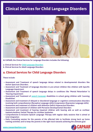Clinical Services | Speech and Language Disorder Treatment in Bangalore, Hulimavu | CAPAAR