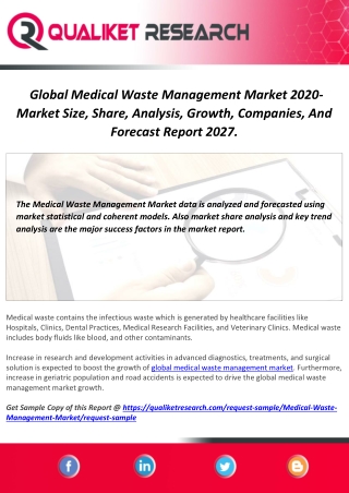 Global Medical Waste Management Market 2020- Market Size, Share, Analysis, Growth, Companies, And Forecast Report 2027