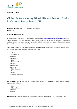 Self monitoring Blood Glucose Devices 2019 Business Analysis, Scope, Size, Overview, and Forecast 20