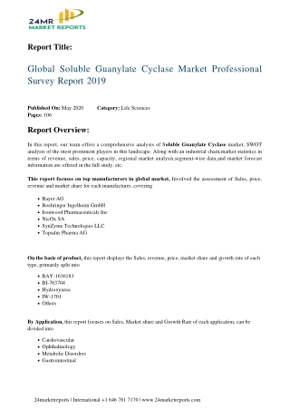 Soluble Guanylate Cyclase 2019 Business Analysis, Scope, Size, Overview, and Forecast 2026