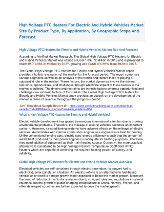 High Voltage PTC Heaters For Electric And Hybrid Vehicles Market Size By Product Type, By Application, By Geographic Sco