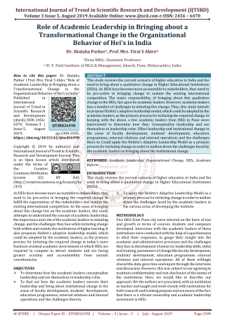 Role of Academic Leadership in Bringing about a Transformational Change in the Organizational Behavior of Hei's in India