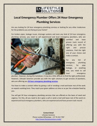 Local Emergency Plumber Offers 24 Hour Emergency Plumbing Services