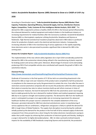 India Acrylonitrile Butadiene Styrene Price, Demand and Supply 2030