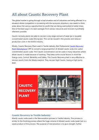 All about Caustic Recovery Plant