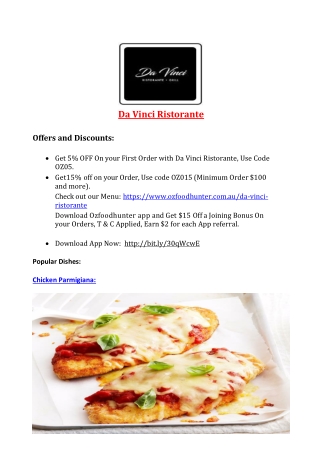 5% Off - Da Vinci Ristorante North Adelaide takeaway, SA