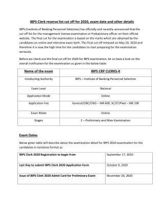 IBPS Clerk reserve list cut off for 2020, exam date and other details