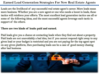 Earned Lead Generation Strategies For New Real Estate Agents