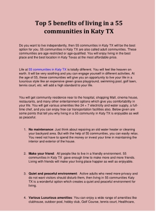 Top 5 benefits of living in a 55 communities in Katy TX
