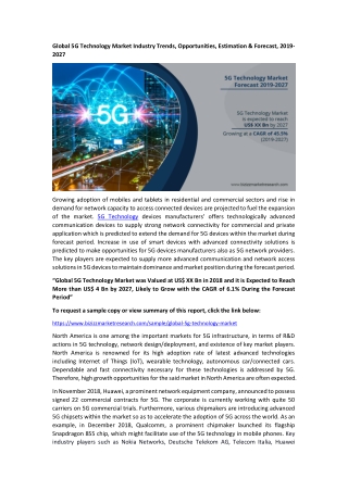 Global 5G Technology Market Industry Trends, Opportunities, Estimation & Forecast, 2019-2027