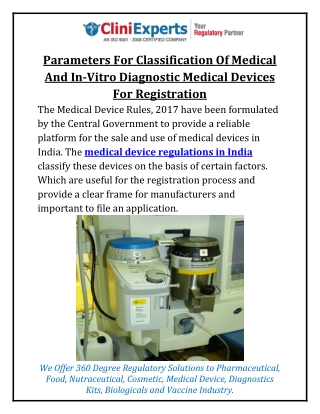 Parameters For Classification Of Medical And In-Vitro Diagnostic Medical Devices For Registration