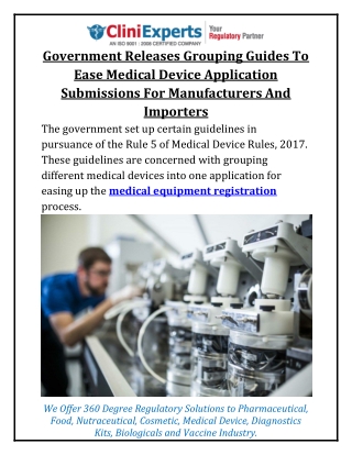 Government Releases Grouping Guides To Ease Medical Device Application Submissions For Manufacturers And Importers