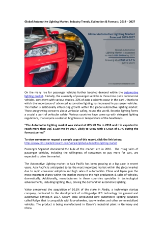 Global Automotive Lighting Market, Industry Trends, Estimation & Forecast, 2019 – 2027
