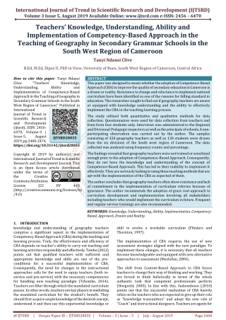 Teachers' Knowledge, Understanding, Ability and Implementation of Competency Based Approach in the Teaching of Geography