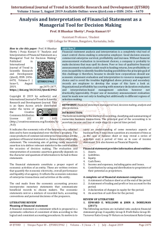 Analysis and Interpretation of Financial Statement as a Managerial Tool for Decision Making