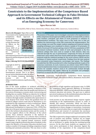 Approach in Government Technical Colleges in Fako Division and its Effects on the Attainment of Vision 2035 of an Emergi