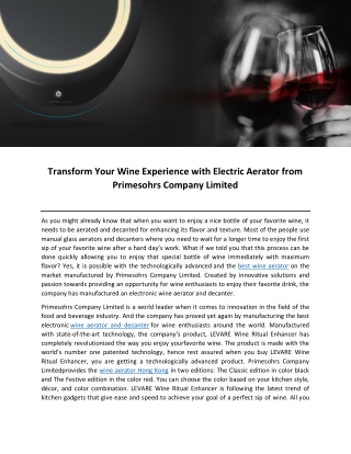 Transform Your Wine Experience with Electric Aerator from Primesohrs Company Limited