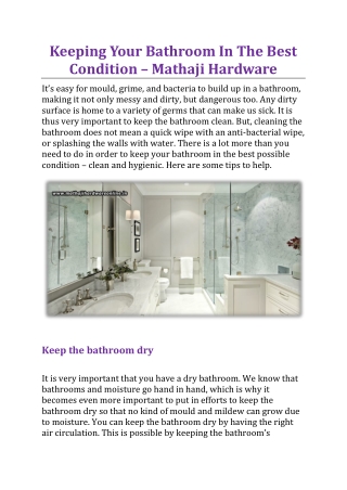 Keeping Your Bathroom In The Best Condition - Mathaji Hardware