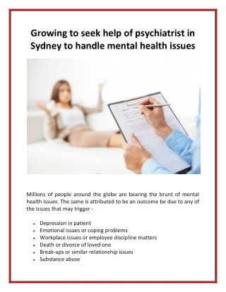Growing to seek help of psychiatrist in Sydney to handle mental health issues
