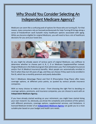Why Should You Consider Selecting An Independent Medicare Agency?