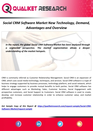 Social CRM Software Market Forecast of Business Revenue, Price Analysis, Future Scope, Regional Analysis and Forecast Re