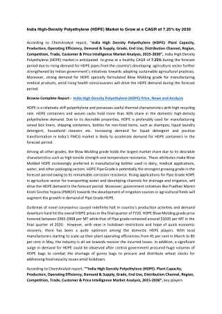 India High Density Polyethylene (HDPE) Demand and Supply 2030