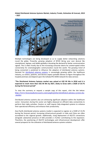 Global Distributed Antenna Systems Market, Industry Trends, Estimation & Forecast, 2019 – 2027