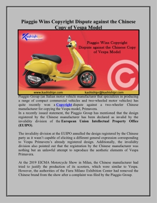 Piaggio Wins Copyright Dispute against the Chinese Copy of Vespa Model