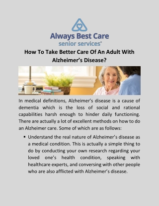 How To Take Better Care Of An Adult With Alzheimer’s Disease?