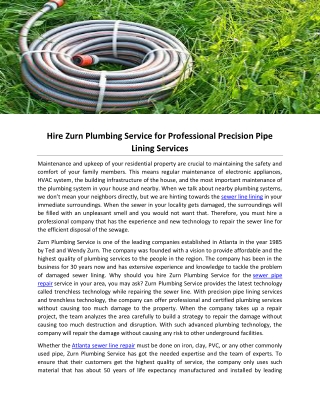 Hire Zurn Plumbing Service for Professional Precision Pipe Lining Services