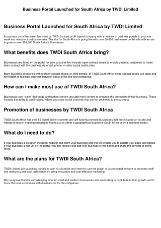 Business Portal Launched for South Africa by TWDI Limited