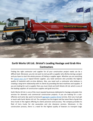 Earth Works UK Ltd- Bristol’s Leading Haulage and Grab Hire Contractors