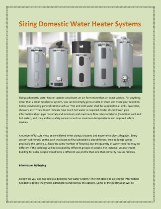 Sizing Domestic Water Heater Systems