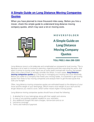 A Simple Guide on Long Distance Moving Companies Quotes