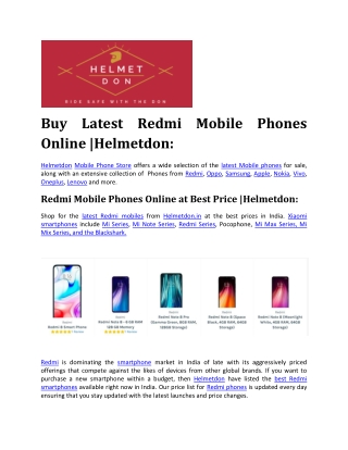 Buy Latest Redmi Mobile Phones Online |Helmetdon: