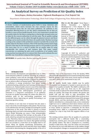 An Analytical Survey on Prediction of Air Quality Index