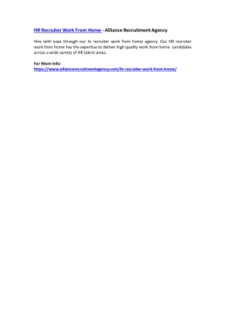 HR Recruiter Work From Home - Alliance Recruitment Agency