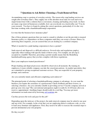 Seven Questions to Ask Before Choosing a Trash Removal Provider