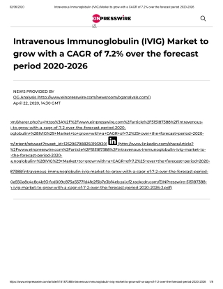 2020 Intravenous Immunoglobulin (IVIG) Market Size, Share and Trend Analysis Report to 2026- Growth Opportunities and Co