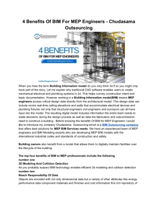 4 Benefits Of BIM For MEP Engineers - Chudasama Outsourcing