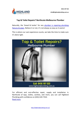 Tap & Toilet Repairs? Northcote Melbourne Plumber | Highland Plumbing