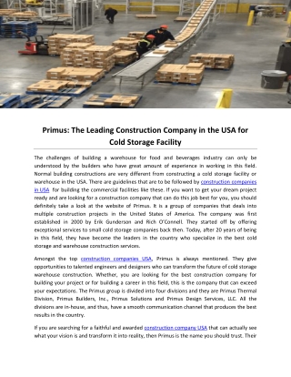 Primus: The Leading Construction Company in the USA for Cold Storage Facility