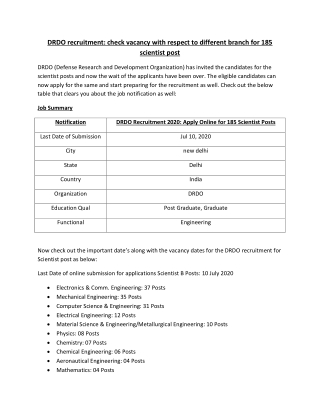 DRDO recruitment: check vacany with respect to different branch for 185 scientist post